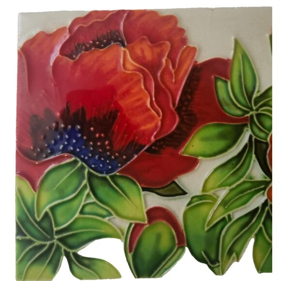 Poppy Wall Art Tile Hand Painted Ceramic 15.75” X 6” Raised - Picture 2 of 8